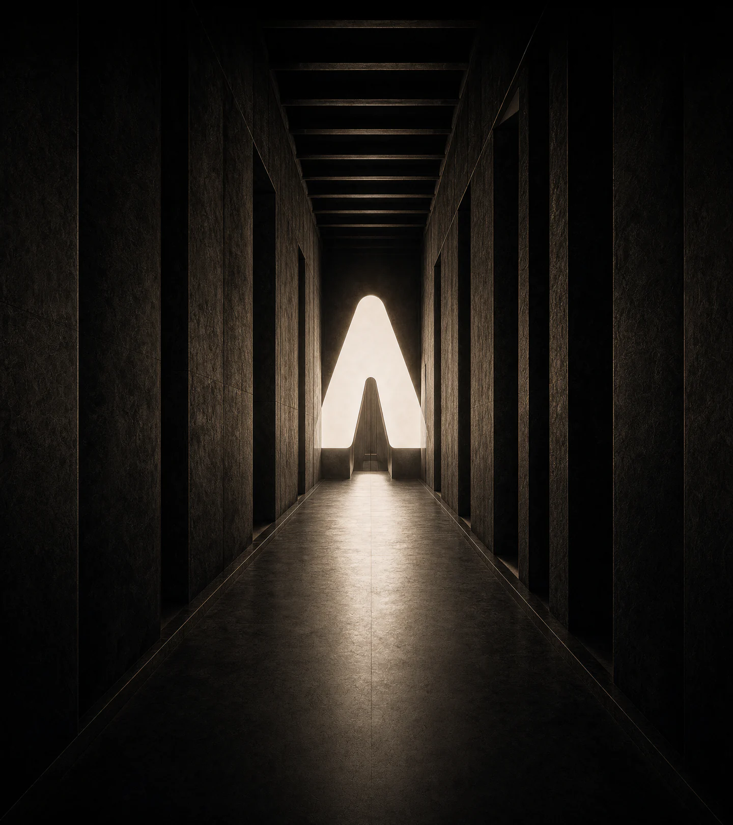 Pasillo oscuro que conduce a una abertura iluminada con la forma del símbolo de Admit