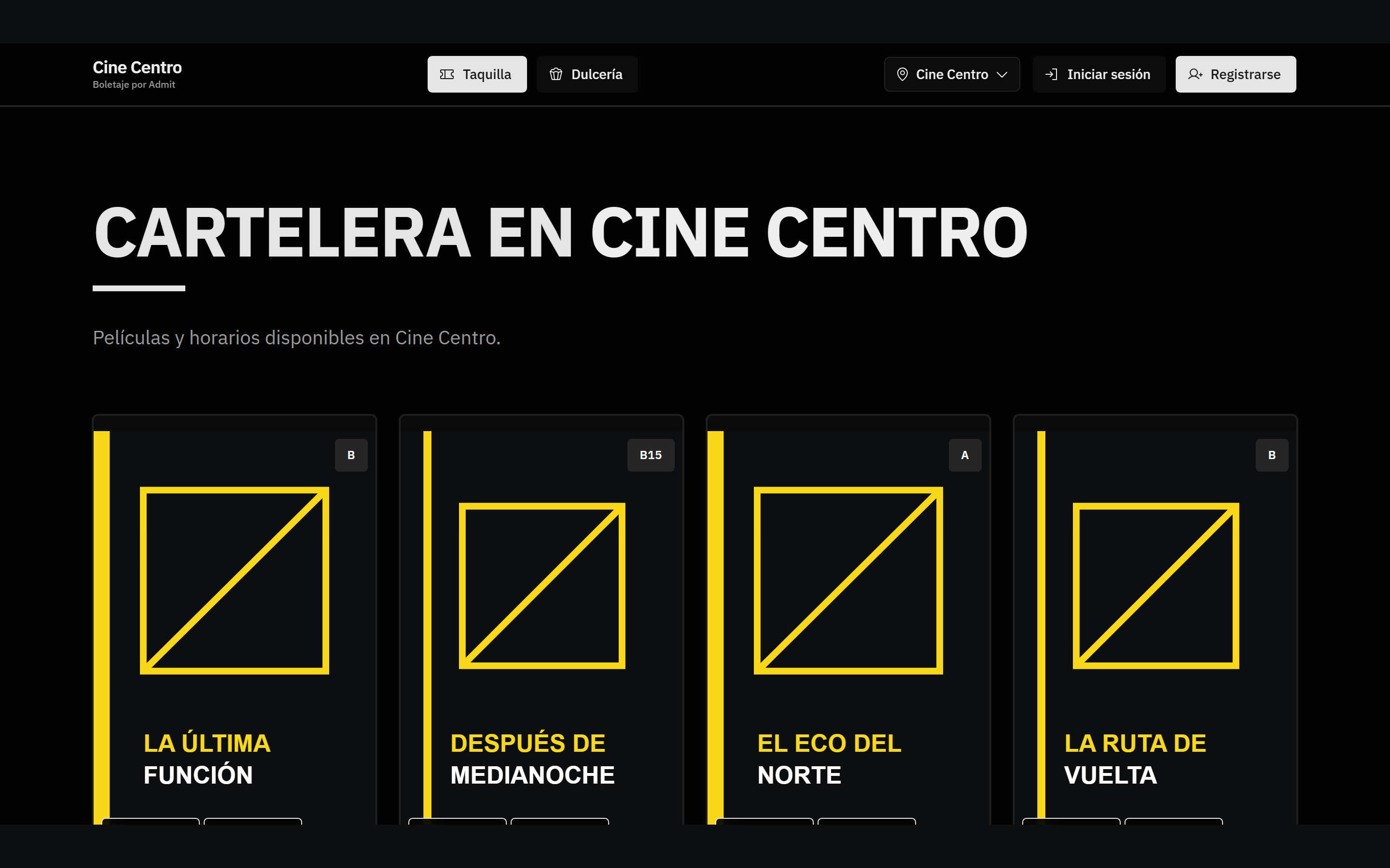 Cartelera inicial de funciones disponibles en la venta en línea de Admit