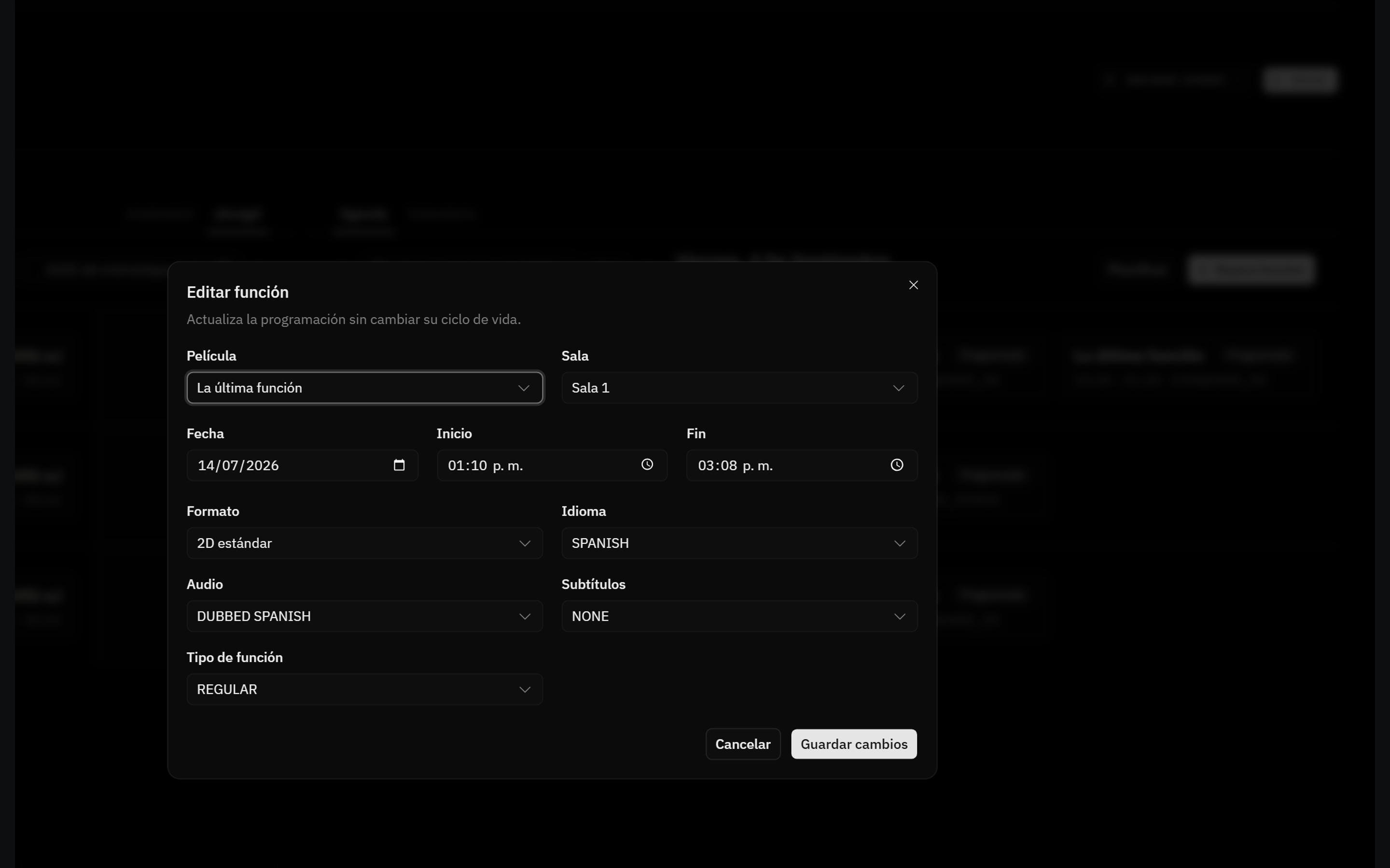 Edición de una función programada en el panel de gestión de Admit