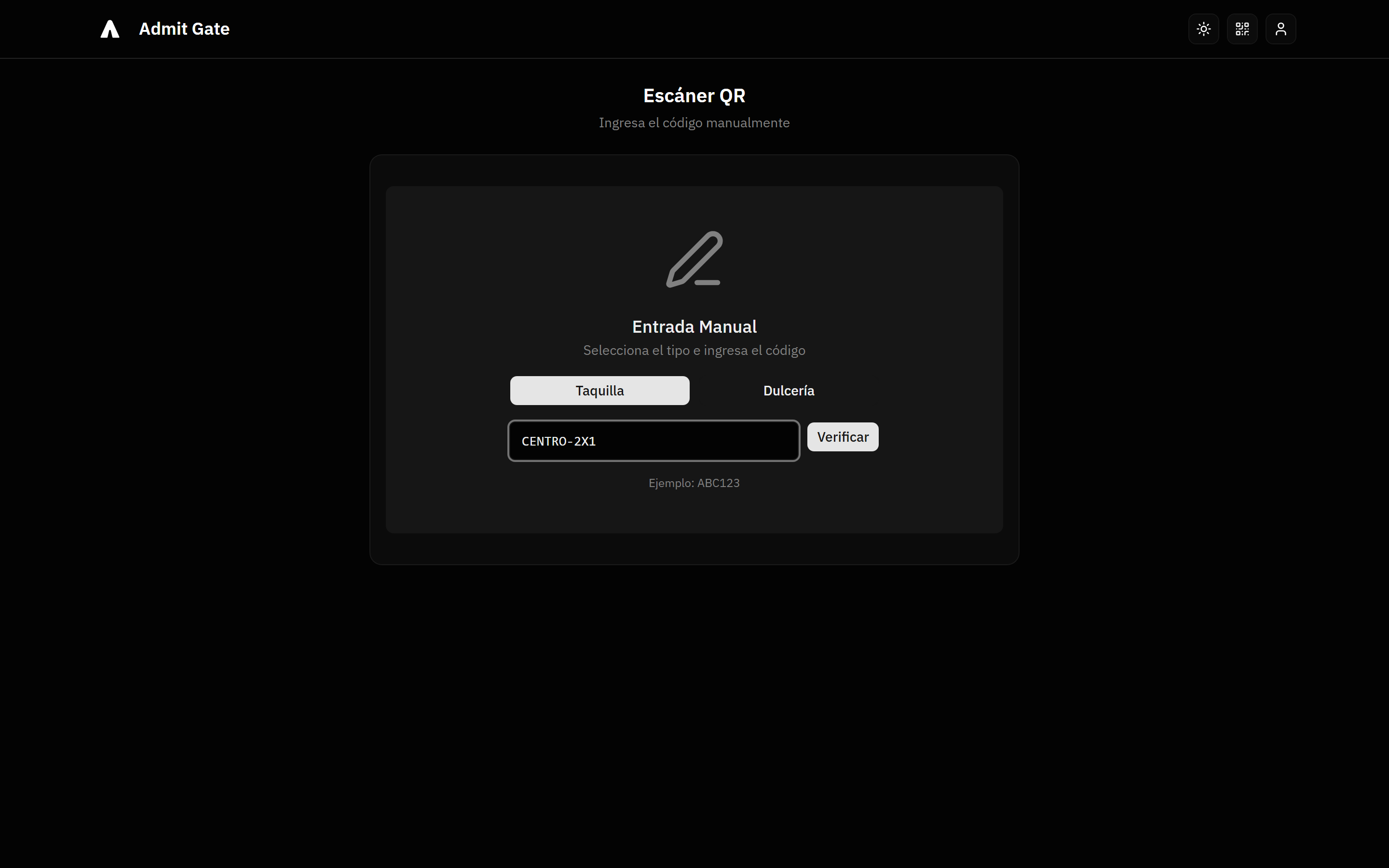 Escáner del control de acceso de Admit listo para capturar un código de boleto