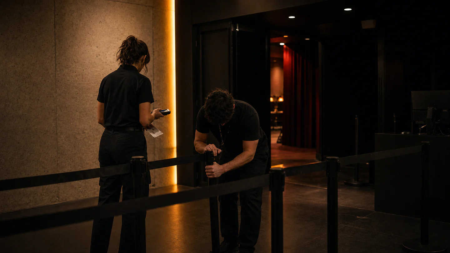 Personal preparando el acceso de un recinto antes de abrir puertas